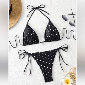 Women 1XL Black W/White Polka Dots Swim Top Bikini Bottoms Swimwear pearls NWOT